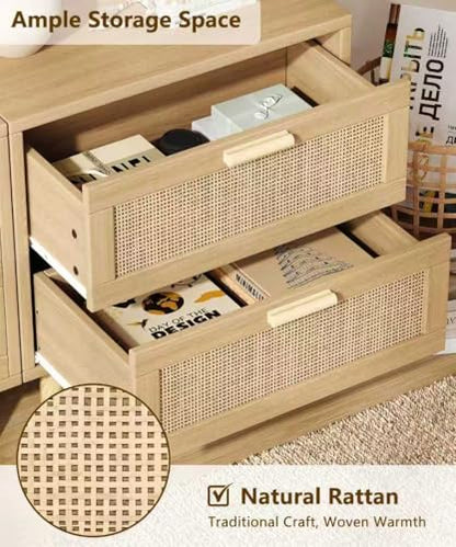 23.6" W Rattan Nightstand with Charging Station, Large Bedside Table with 2 Drawers, Wooden End Table with Solid Wood Legs, Boho Night Stand for Bedroom, Natural Oak KES009MECTG
