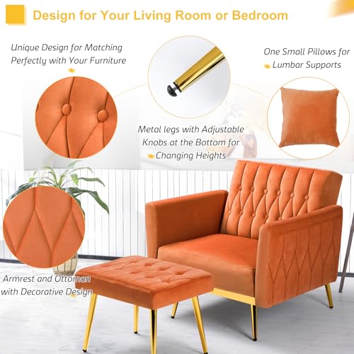 Velvet Accent Chair w/Adjustable Armrests and Backrest, Button Tufted Lounge Chair, Single Recliner Armchair with Ottoman and Pillow for Living Room, Bedroom,Orange