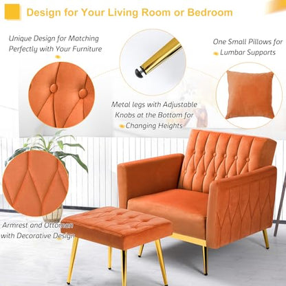 Velvet Accent Chair w/Adjustable Armrests and Backrest, Button Tufted Lounge Chair, Single Recliner Armchair with Ottoman and Pillow for Living Room, Bedroom,Orange