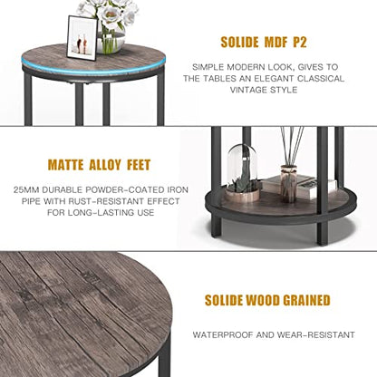 Round Side Table Set of 2,16in Rustic Wooden End Table Surface Top & Sturdy Metal Legs Nightstand for Living Room Bedroom Farmhouse Sofa Table with Storage Open Shelf,Light Walnut