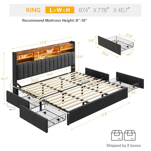 King Size Bed Frame with Headboard and 4 Drawers Storage, view 4