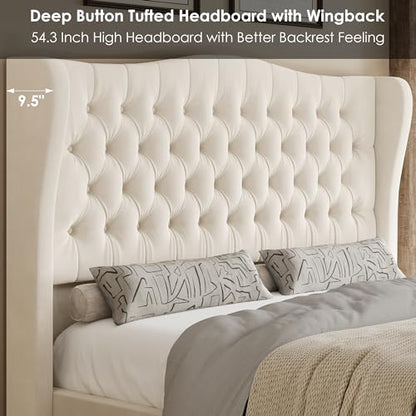 Queen Size 54.3" Tall Bed Frame with Wingback Headboard & Footboard, view 4