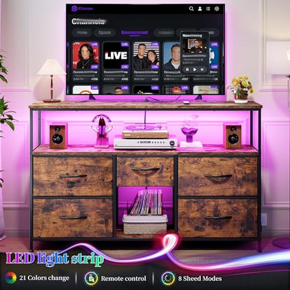 TV Stand for 45/50" TVs, 5 Drawers & LED Lights & Power Outlets | Strong Metal Frame for Stability, Spacious Shelves Display Collections & Keep Organized, Dresser for Bedroom & Studio, Brown