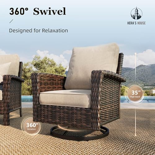 8-Piece Patio Furniture Set with Outdoor Swivel Chairs & Fire Pit Table, High Back Wicker Conversation Sets with 5.5" Thick Cushions, All-Weather Deep Seating Sofa with Ottomans, Beige