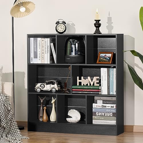 Black Wide Bookshelf,3 Tier Modern Horizontal Bookcase,Wood Low Bookshelves Display Storage Cabinet with Base,Floor Standing 8 Cube Large Bookcases Organizer for Bedroom,Living Room,Office