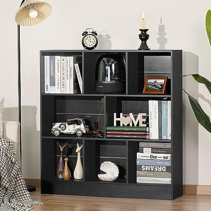 Black Wide Bookshelf,3 Tier Modern Horizontal Bookcase,Wood Low Bookshelves Display Storage Cabinet with Base,Floor Standing 8 Cube Large Bookcases Organizer for Bedroom,Living Room,Office
