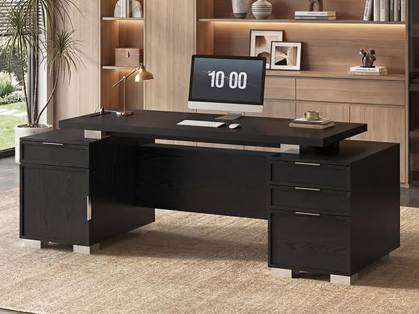 80.6" Executive Desk with Power Outlet and File Drawer, Modern Home Office Desk with 3 Large Cabinets and Privacy Panel, Business Furniture for Home Office, Living Room, Black