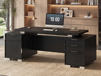 80.6" Executive Desk with Power Outlet and File Drawer, Modern Home Office Desk with 3 Large Cabinets and Privacy Panel, Business Furniture for Home Office, Living Room, Black