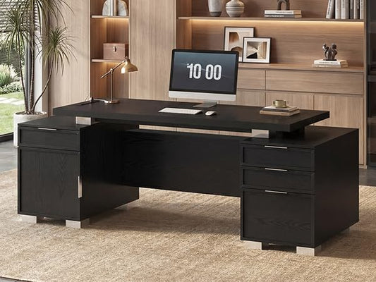 80.6" Executive Desk with Power Outlet and File Drawer, Modern Home Office Desk with 3 Large Cabinets and Privacy Panel, Business Furniture for Home Office, Living Room, Black