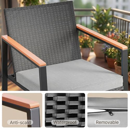 3 Pieces Rocking Patio Bistro Set with Anti-Scald Armrest, Outdoor Patio Wicker Furniture Set with Glass Table and Cushion for Garden, Yard, Porch