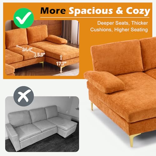 110" Sectional Couches for Living Room,U Shape Couch with Double Chaise, 4-Seat Sofa Set with Chenille Fabric for Home Furniture,Burnt Orange