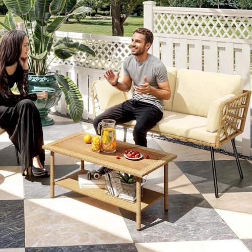 2 Pieces Patio Furniture Set, All-Weather Wicker Rattan Loveseat with Thick Cushions & Table, Outdoor Conversation Set for Patio, Balcony, Backyard, Deck, Poolside