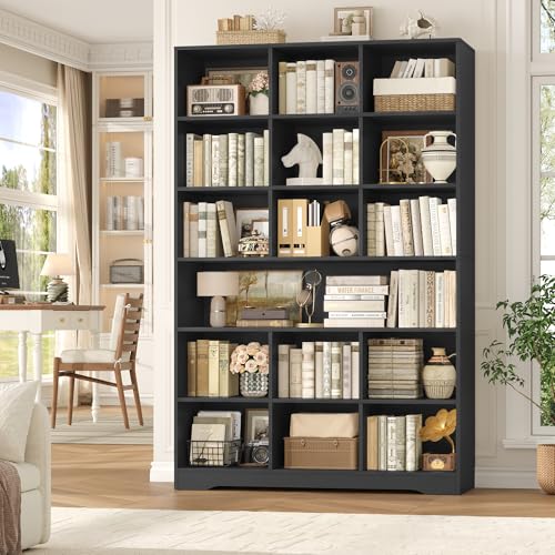 76” Tall Bookshelf with Storage, 6 Tier Black Bookcase with 16 Open Display Shelves, Triple Wide Large Bookshelves and Bookcases, Wood Book Shelf Storage Cabinet for Home Office (Black)