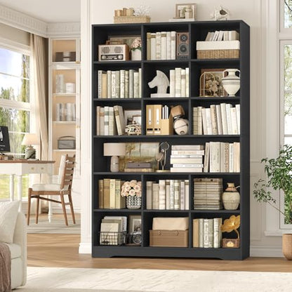 76” Tall Bookshelf with Storage, 6 Tier Black Bookcase with 16 Open Display Shelves, Triple Wide Large Bookshelves and Bookcases, Wood Book Shelf Storage Cabinet for Home Office (Black)