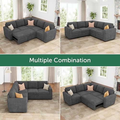 Modular Sectional Sleeper Sofa with Pull Out Bed, Corduroy L Shaped Couch with Storage Seats, Convertible Sectional Couches for Living Room, Dark Grey