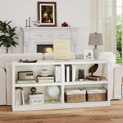 White Bookshelf Double Wide 64“ 2-Tier Bookcase 4 Cube Storage Organizer Wooden Bookcases for Bedroom and Home Office Decor Display