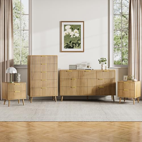 Fluted Dresser and Nightstand Sets 4 Piece, 2-Drawer Nightstands and 5/7 Drawers Dresser, Wood Bedroom Furniture Set for Home, Bedroom, Hallway, Oak
