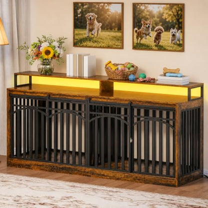 71" Double Dog Crate Furniture with Power Outlets & LED Light, view 6