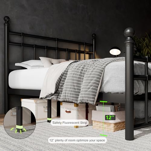 Full Size Metal Platform Bed Frame with Victorian Classic Iron-Art Headboard, view 6