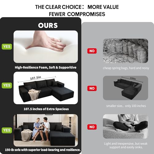 107.5" Cloud Sectional Couch with L-Shape Chaise,Modern Modular Sofa with Deep Seat, Upholstered Couches for Living Room Bedroom Apartments,No Assembly Required, (Black,Right Facing Chaise)