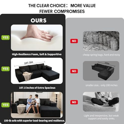 107.5" Cloud Sectional Couch with L-Shape Chaise,Modern Modular Sofa with Deep Seat, Upholstered Couches for Living Room Bedroom Apartments,No Assembly Required, (Black,Right Facing Chaise)