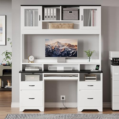 77.8" H Computer Desk with Hutch, Charging Station, LED Light,White, view 7