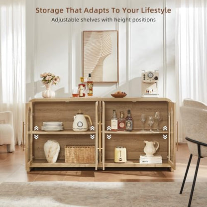 65" Sideboard Buffet Cabinet with Arched Glass Doors, Natural, view 6