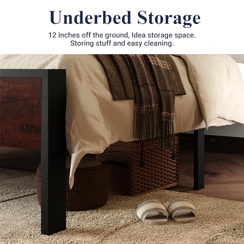 Queen Size Bed Frame, Heavy Duty 12 Metal Slats Support, Mahogany, view 6