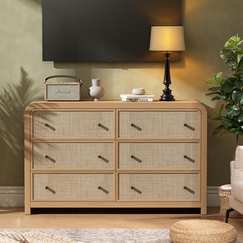 6 Drawer Dresser for Bedroom, 49'' Rattan Dresser with Ample Storage, Boho Chest of Drawers, Thickened Curved Profile Design, Oak Dressers for Bedroom, Living Room