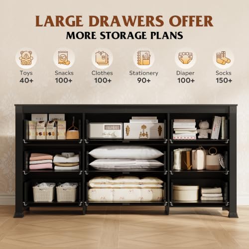 9 Drawer Dresser Black, 62" Wide Wooden Chest with Anti-Tip Structure, view 5