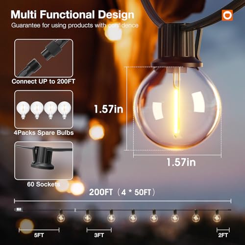 200FT Outdoor String Lights G40 with Remote Control, Dimmable Patio Globe LED Lights Waterproof Shatterproof, Hanging Outside Lighting for Backyard, Garden, Deck, Balcony, Porch, Café, Bristo
