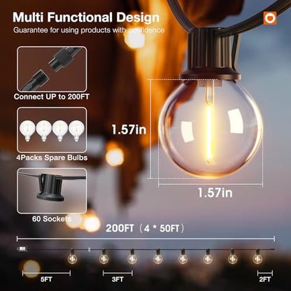 200FT Outdoor String Lights G40 with Remote Control, Dimmable Patio Globe LED Lights Waterproof Shatterproof, Hanging Outside Lighting for Backyard, Garden, Deck, Balcony, Porch, Café, Bristo