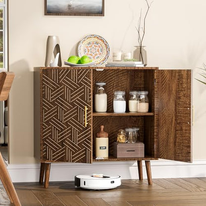 Mid Century Modern Buffet Sideboard Cabinet, Freestanding Wood Storage Cabinet with Magnetic Doors and Adjustable Shelves, Buffet Cabinet for Dining Room Living Room Entryway, Brown