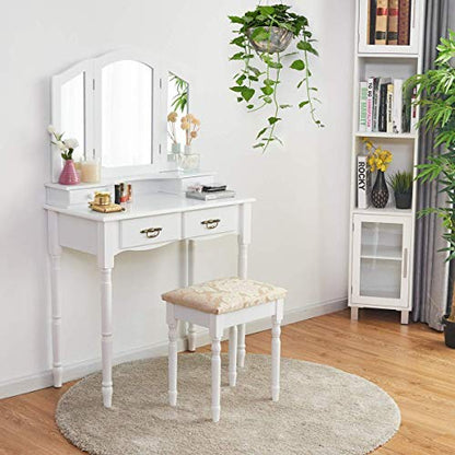 Vanity Set Makeup Table with Stool, Dressing Tables with 4 Drawers, Tri-Folding Mirror, Large Mirrored Room Vanity Desk for Bedroom Bathroom Padded Seat Chair Vanities, White