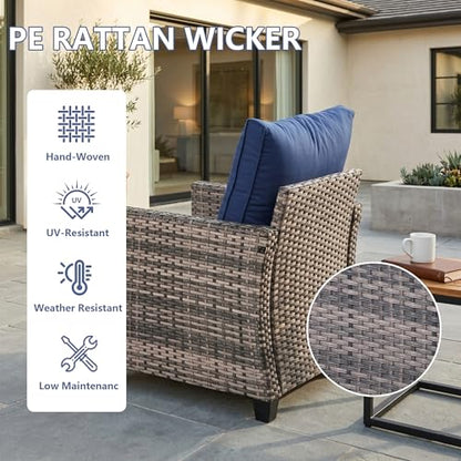 2 Piece Outdoor Patio Sofa Chairs Set, Wicker Armchairs with 4.3" Thick Cushions & High Backrests, All-Weather Rattan Porch Chairs, Patio Furniture Set for Balcony, Deck,(Blue)