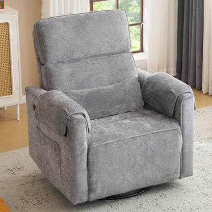 Oversized Power Recliner Chair with Adjustable Headrest, Swivel Rocking Recliner for Adults, 24" Extra Wide Glider Nursery Chair with Overstuffed Armrest for Living Room, USB Ports, Grey