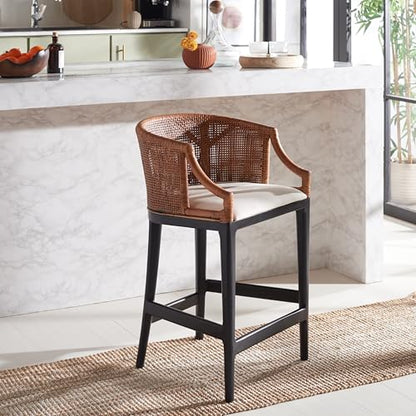SAFAVIEH Furniture - Brando Counter Stool - Brown & Black - Solid Wood - Coastal Upholstered Design - Ideal for Kitchen, Bar Area, Dining Room - Fully Assembled (BST4000D)