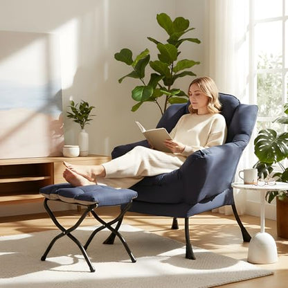 Lazy Chair with Ottoman, Modern Lounge Chair with Lumbar Pillow, Accent Cozy Reading Armchair and Folding Footstool for Bedroom, Dorm, Living Room,Navy