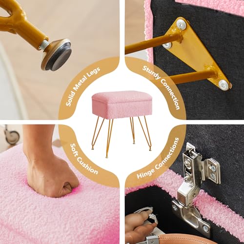 Vanity Stool with Storage, Sherpa Makeup Chair with Metal Legs, Upholstered Ottoman Seat for Bedroom, Living Room, Pink