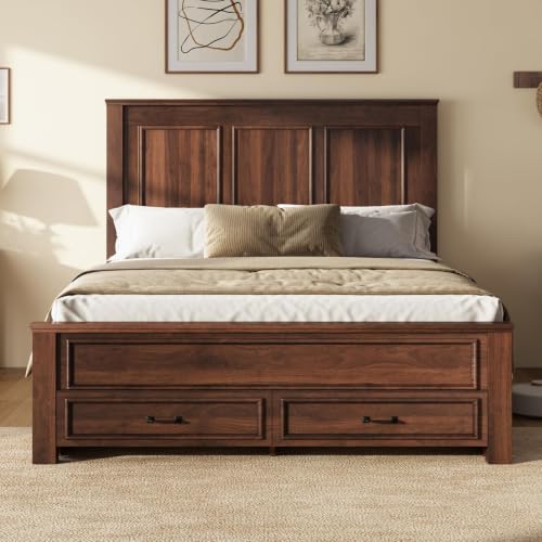 52.2" Queen Size Farmhouse Bed Frame with Headboard, Rustic Brown, view 2