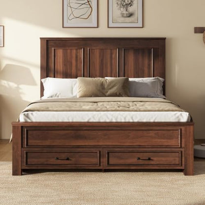 52.2" Queen Size Farmhouse Bed Frame with Headboard, Rustic Brown, view 2