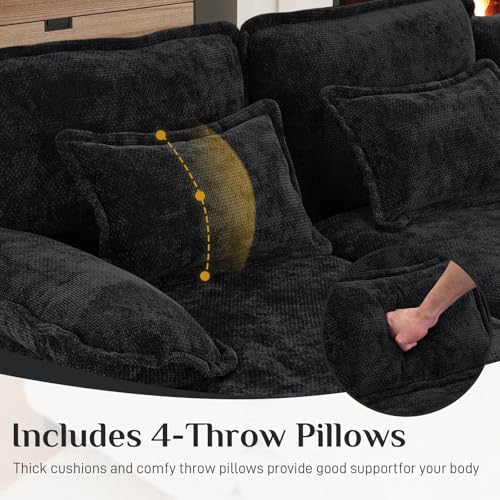 U Shaped Cloud Sectional Couch, 132" Fluffy Modular Sofa Set with Double Chaise Lounge Central Console & USB Port, Comfy Chenille Big Sectional Couches for Living Room, Dark Black