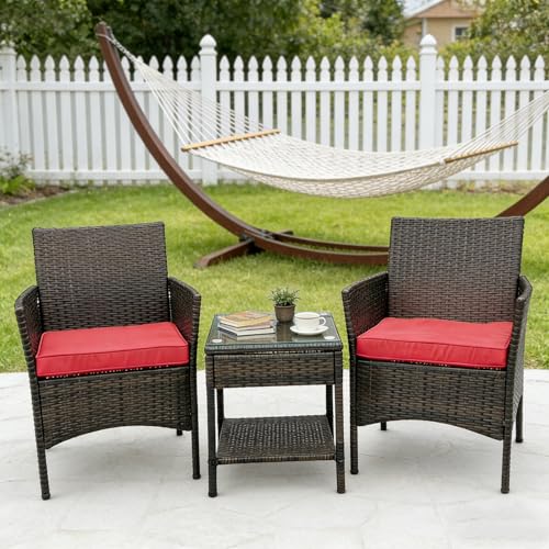 3 Piece Patio Furniture Set Outdoor PE Rattan Wicker Chair with Soft Cushion and Glass Coffee Table for Garden Backyard Porch Poolside (Brown/Red)