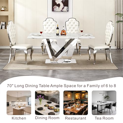 Marble Dining Table for 6 People, 70'' Rectangle Faux Marble Dining Table with Mirrored Stainless Steel Base, Large Size Marble Kitchen Table (Silver,White)(ONLY Table)