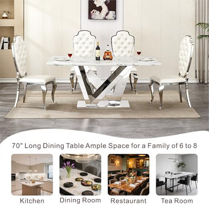 Marble Dining Table for 6 People, 70'' Rectangle Faux Marble Dining Table with Mirrored Stainless Steel Base, Large Size Marble Kitchen Table (Silver,White)(ONLY Table)