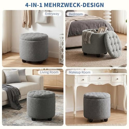 Modern Round Storage Ottoman, Upholstered Button Tufted Ottoman Footstool Ottomans with Removable Lid Storage Footstool for Living Room, Bedroom, Makeup Room, Teddy, Grey