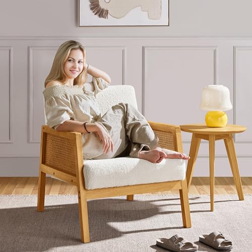 Yaheetech Rattan Accent Chair, Boho Vintage Armchair, Boucle Fabric Reading Chair with Wood Armrest and Legs for Living Room Bedroom Reception, Ivory