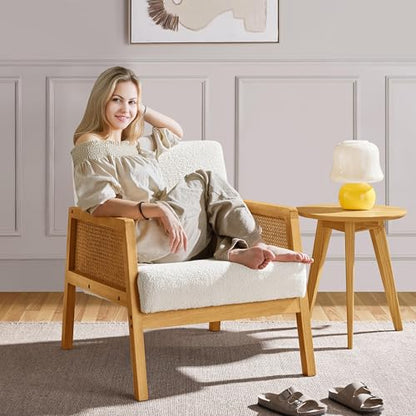 Yaheetech Rattan Accent Chair, Boho Vintage Armchair, Boucle Fabric Reading Chair with Wood Armrest and Legs for Living Room Bedroom Reception, Ivory