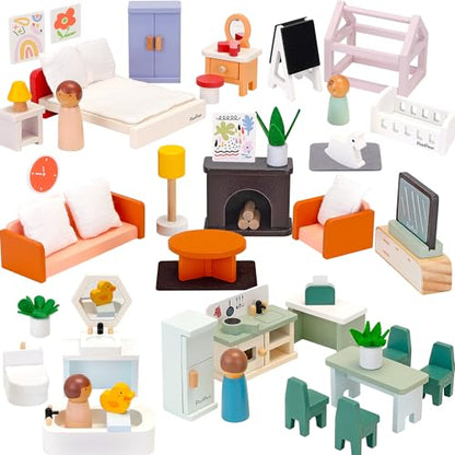 Large Dolhouse Furniture Set, Kids Dollhouse Accessories with Bedroom, Kitchen, Bathroom, Living Room & Kids Room, Montessori Pretend Play Doll House Toys for Kids Girls Boys Age 3+