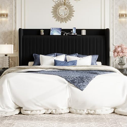 King Size Velvet Bed Frame with Shelf, Charging Station, Black, view 4